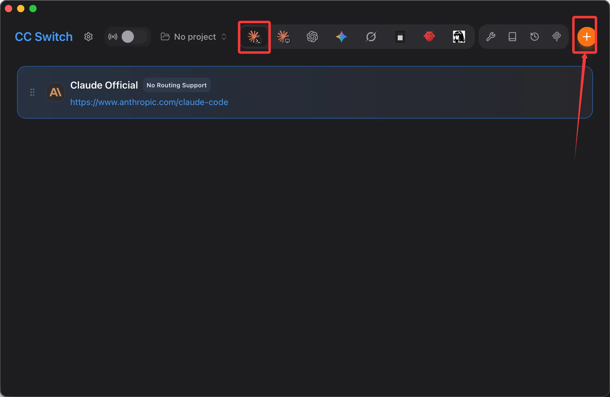 CC Switch with the Claude Code tab and the + button highlighted