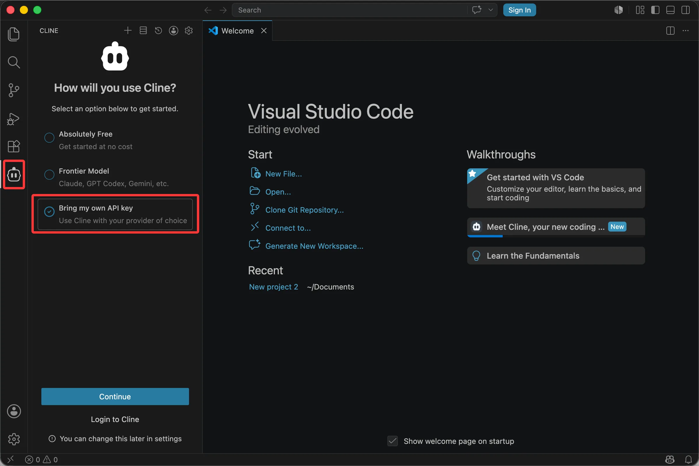 Cline’s first-run screen with “Bring my own API key” selected