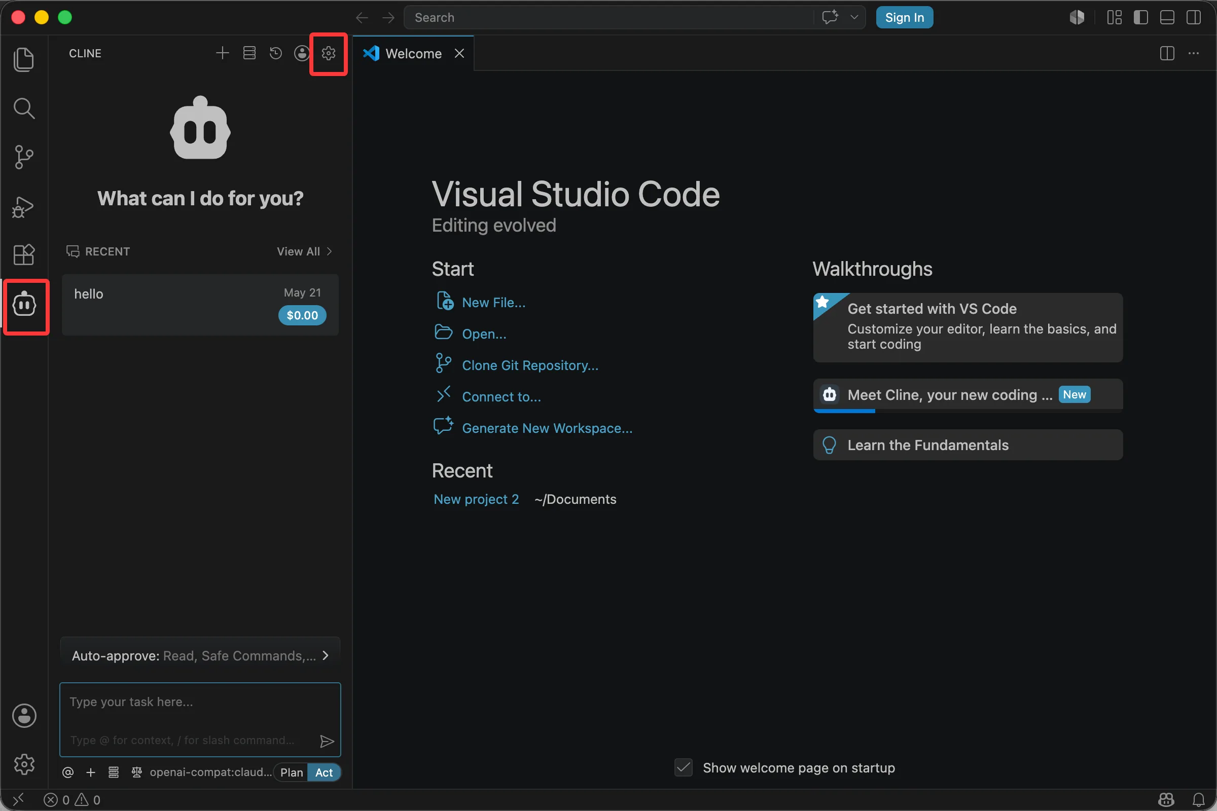The Cline icon and the settings gear in VS Code
