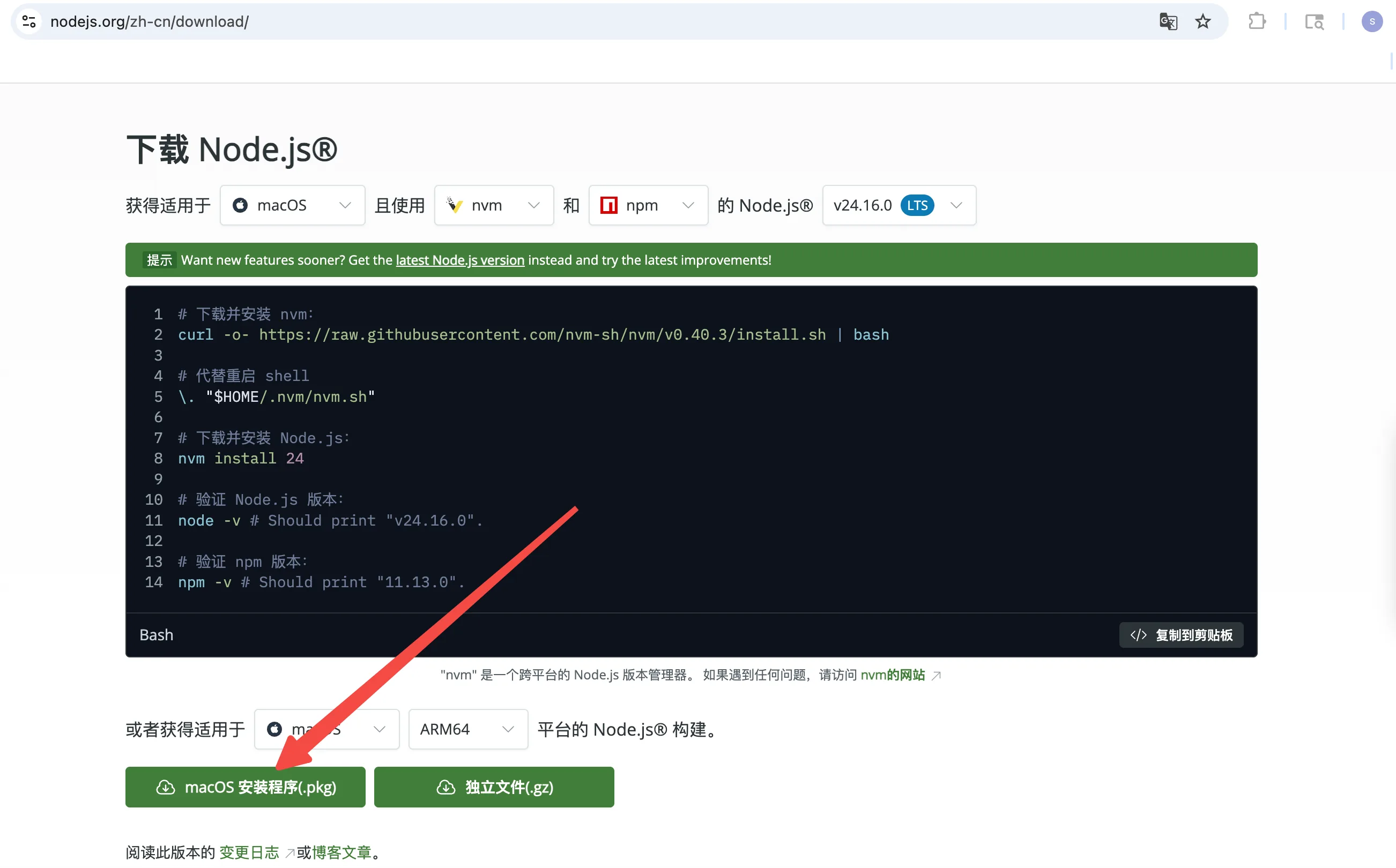 Node.js 下载页上的 macOS 安装程序按钮