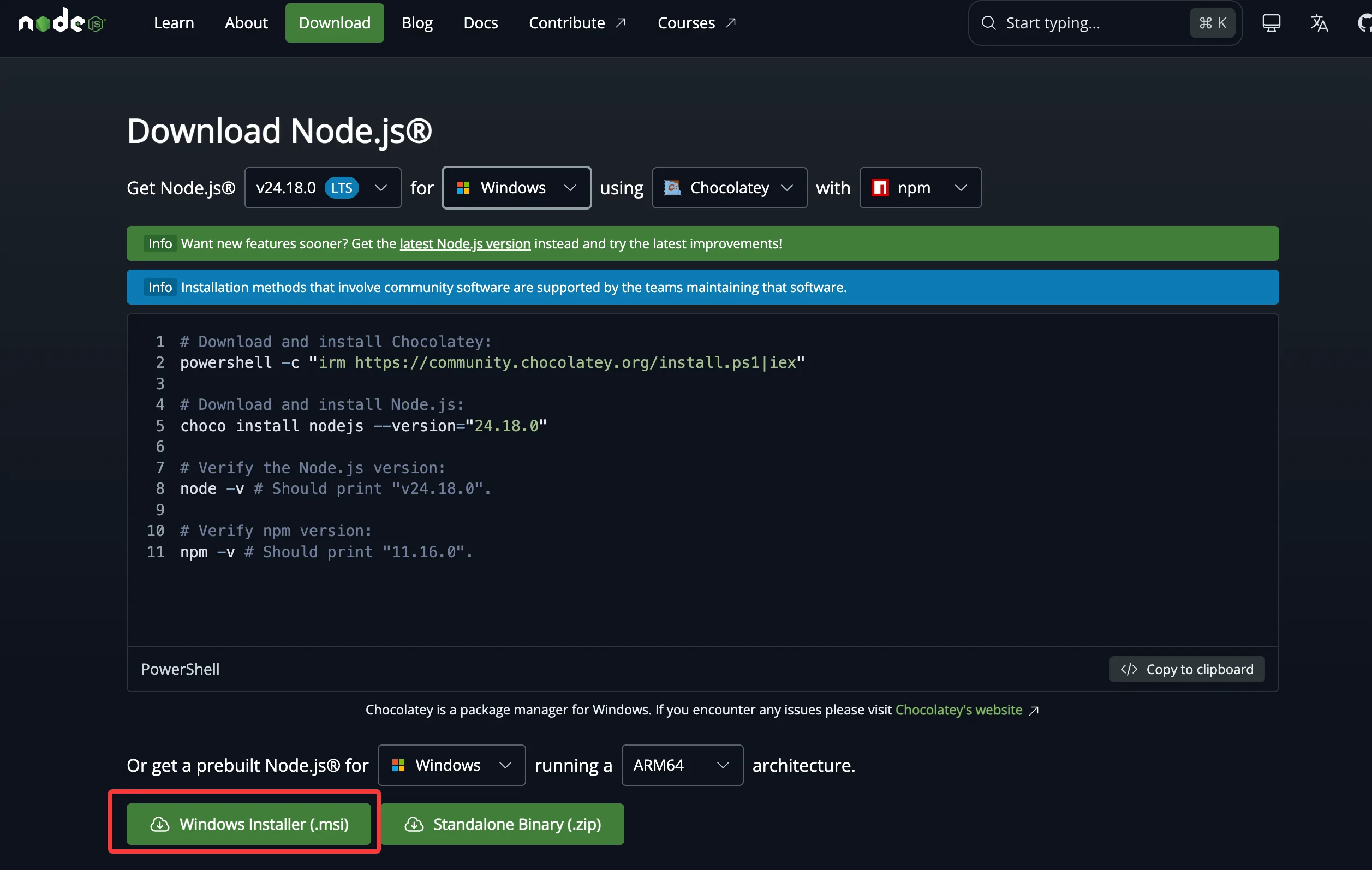 The Node.js download page with the Windows installer button
